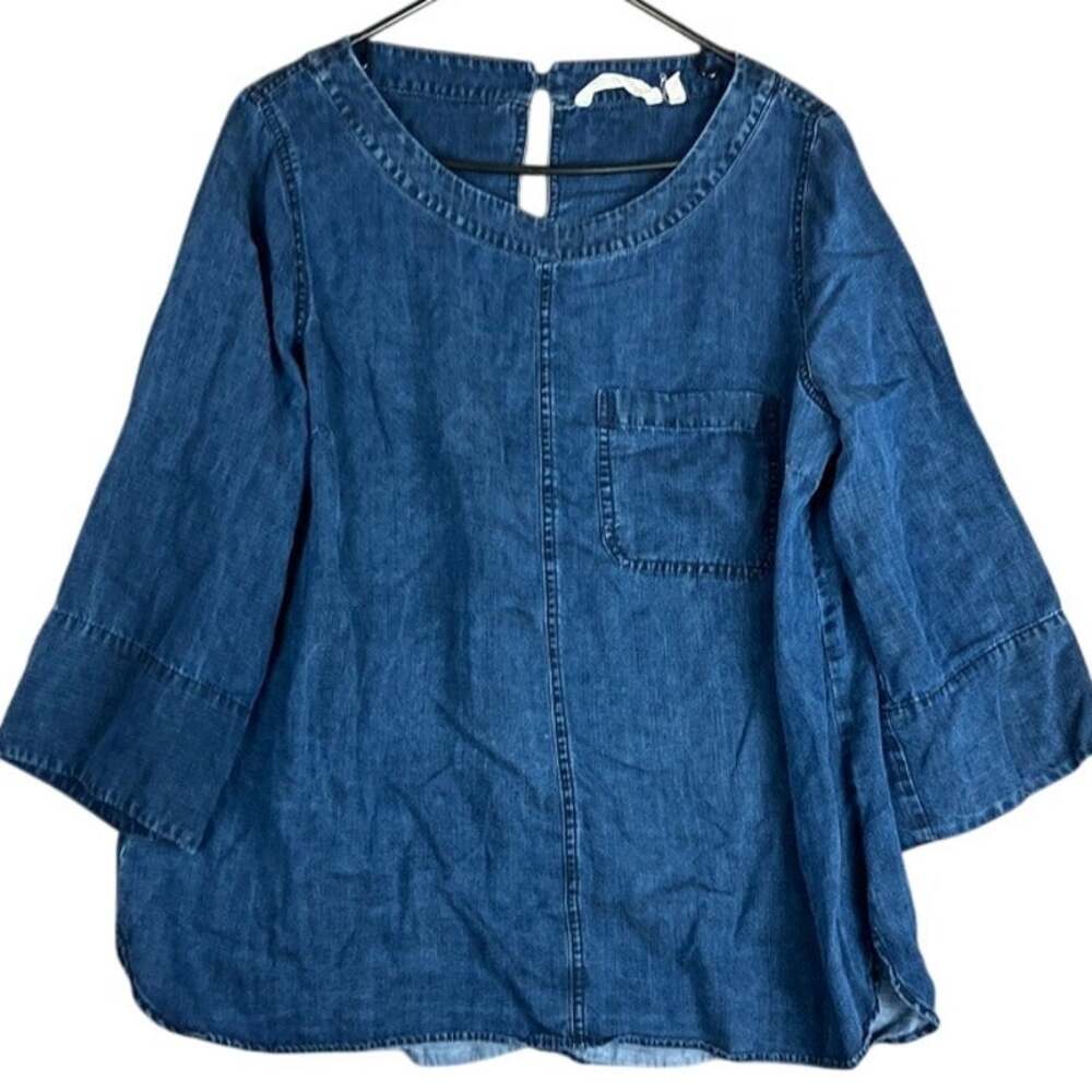 Soft Surroundings Womens Shirt Blue Scoop Neck Pullover 3/4 Sleeve Tencel Large